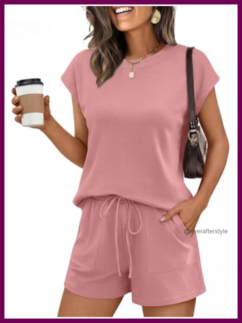 Womens Waffle Weave 2 Piece Short Set Crewneck Cap Sleeve Lounge Outfit